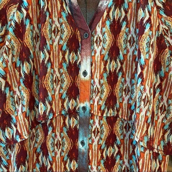 Figueroa & Flower M Turquoise Orange Aztec Ornate Design BOHO Flowy Light Blouse - Picture 5 of 11